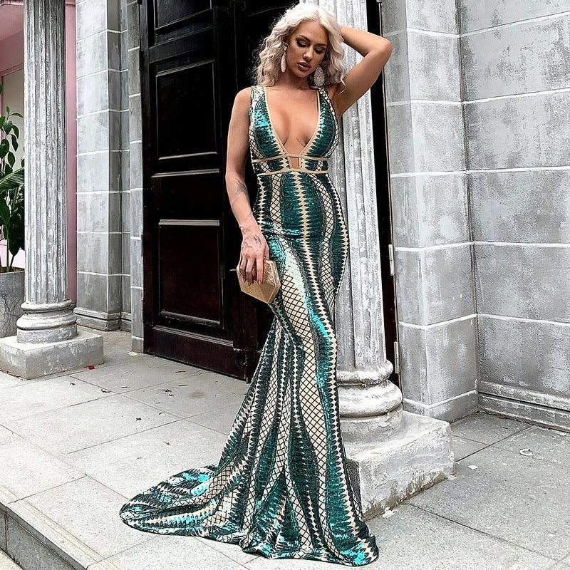 Irregular striped evening dress with sequins and wide mermaid-style neckline Pencil Office Professional