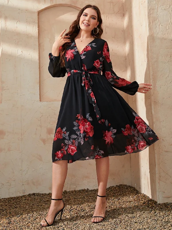 Plus Size Floral Surplice Neck Tie Waist Dress Tunics Ceremony elegant