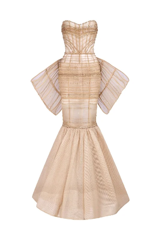 BEIGE CRYSTAL-EMBROIDERED TULLE MERMAID DRESS Tunics Fleece cozy