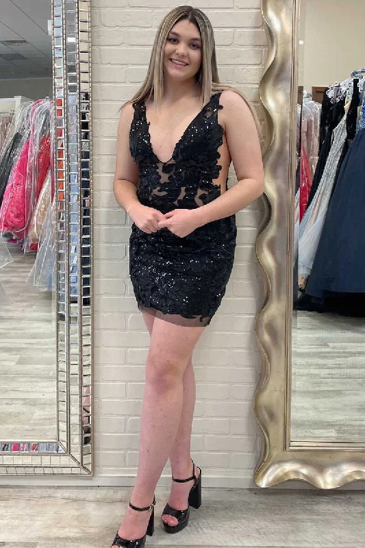 Black Appliqués Plunge Neck Mini Party Dress  gh1362 Tunics Formal black