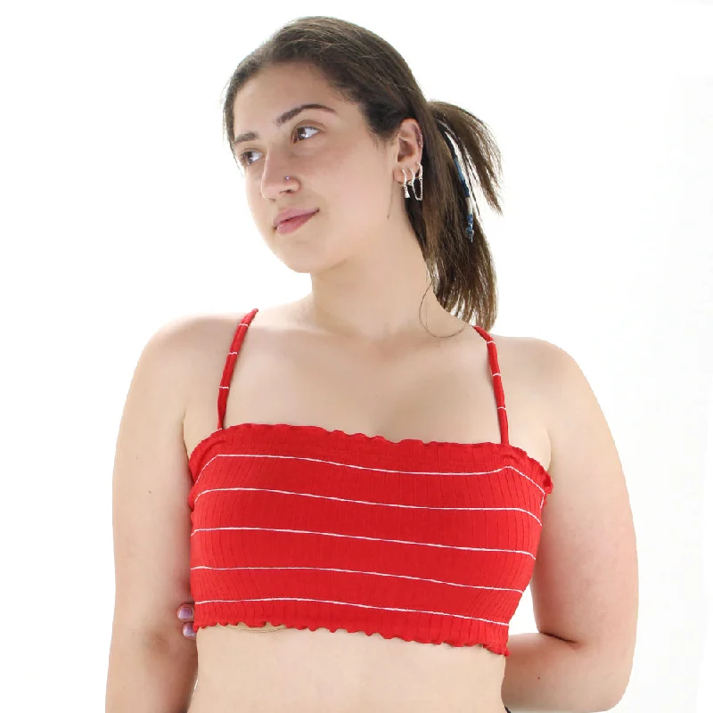 Women's Striped Off Shoulder Crop Top,Red Boxy Fit Fitted Loose