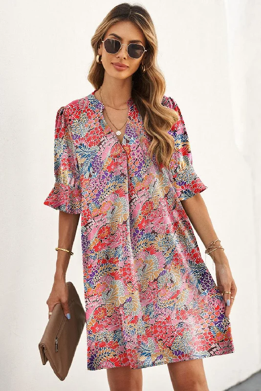 Floral Notched Neck Flounce Sleeve Shift Dress Tunics Stylish elegant