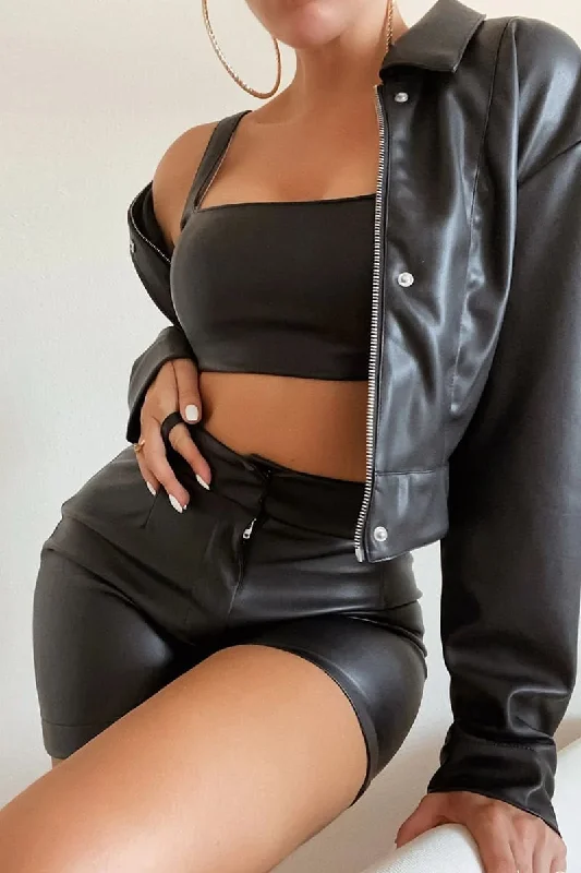 Black Leather High Waisted Shorts & Crop Top Set Zippered Buttoned Snapped