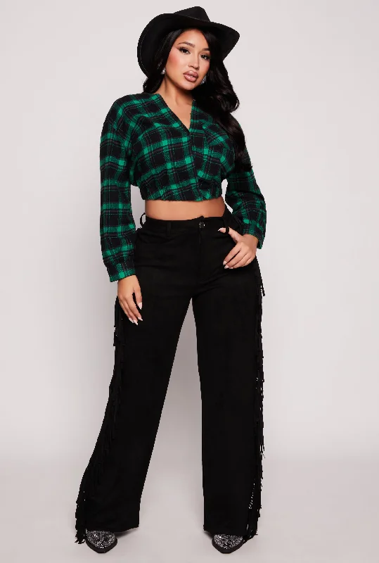 Spoon Jeans Plaid Faux Wrap Crop Top Graphic Embroidered Appliqued
