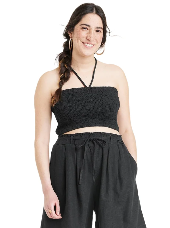 Women's Smocked Crop Top,Black Modern Contemporary Chic