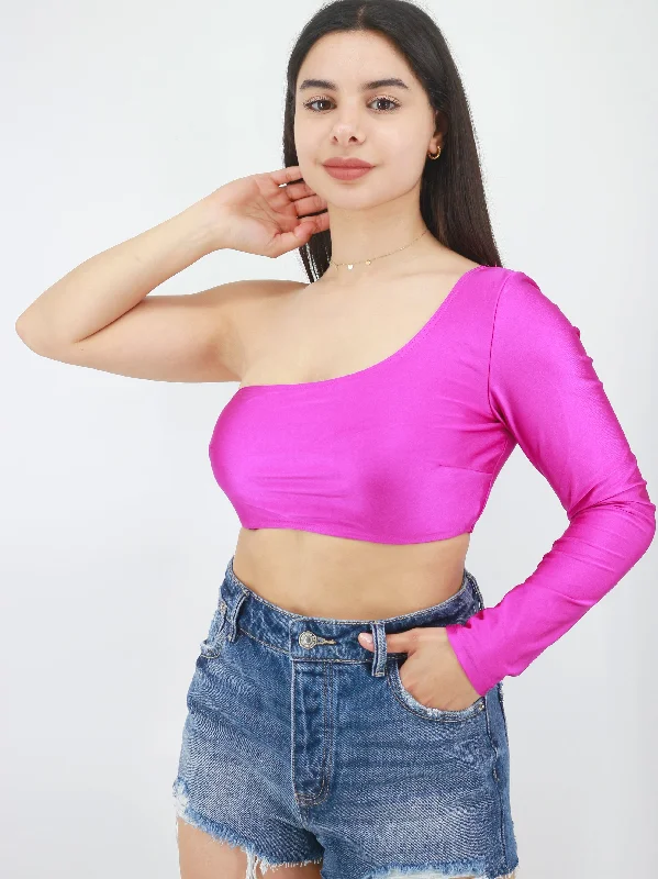 Women's One Shoulder Metallic Crop Top,Fuchsia Real Fur Shearling Chenille