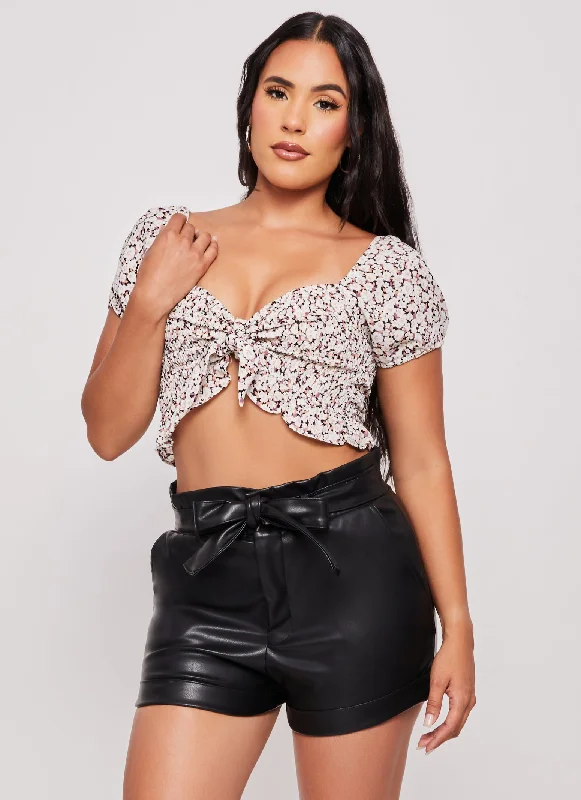 Iris Floral Print Peasant Tie Front Crop Top Faux Fur Fabric Real Fur Fabric Shearling Fabric
