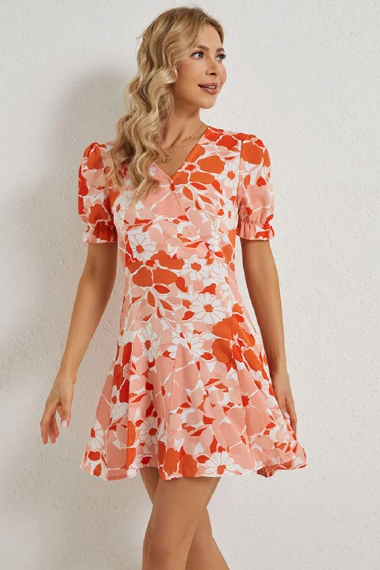 Anna's Floral Surplice Neck Flounce Sleeve Dress Tunics Versatile functional