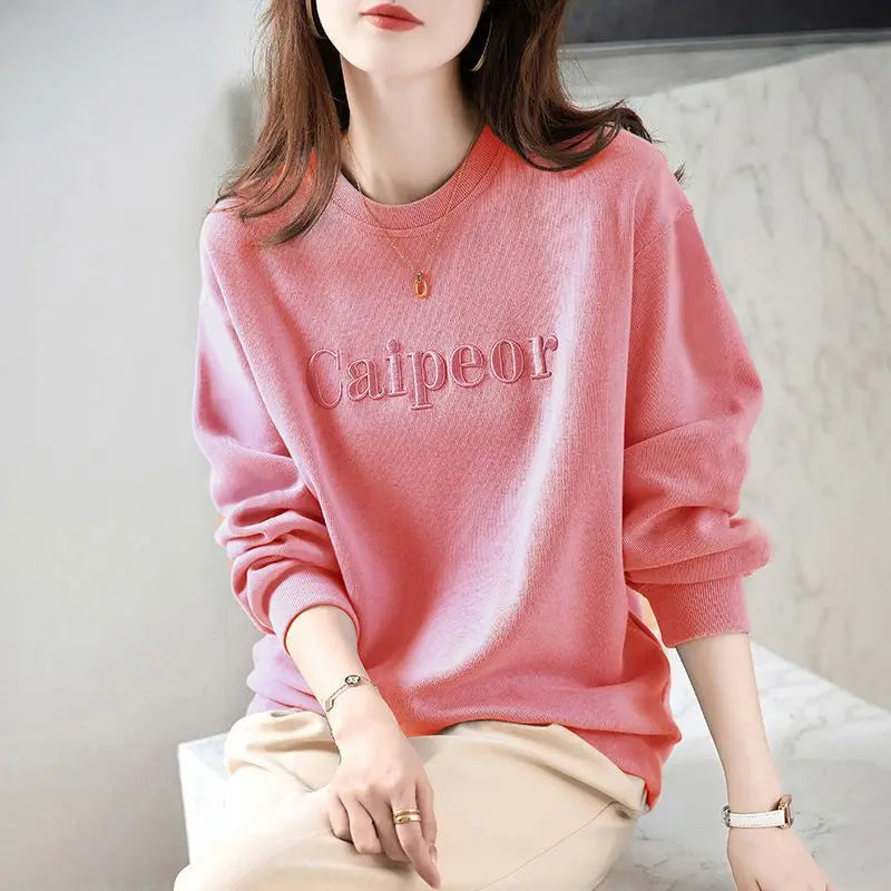 Women's Autumn and Winter Fashion Simplicity Solid Color O-neck Long Sleeve Sweatshirts Women Clothes Casual Loose All-match Top. Hoodie with Patch Decorative Personalized