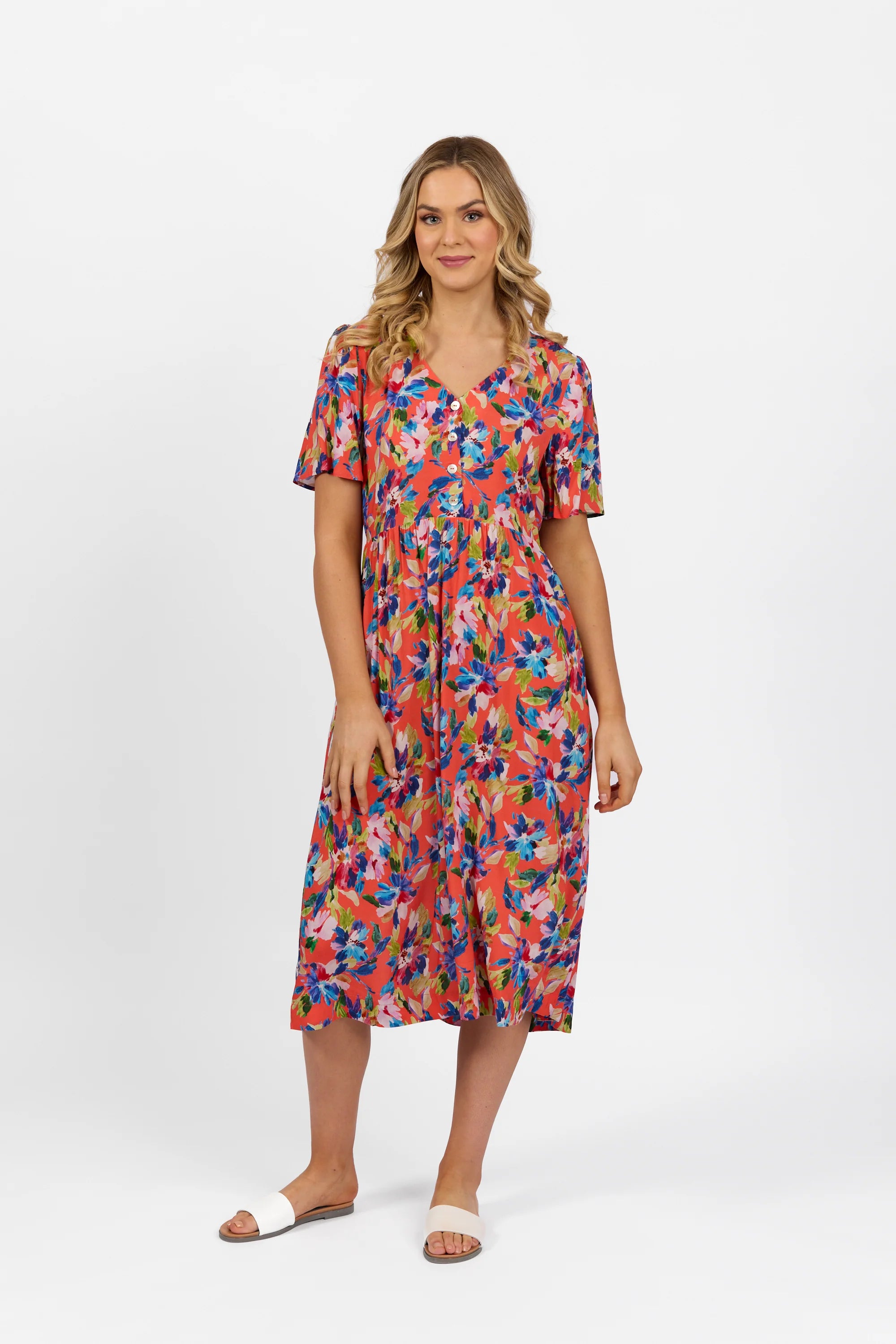 S/Sleeve Dress V Neck Button Front - Rio - VASSALLI Tunics Trendy modern