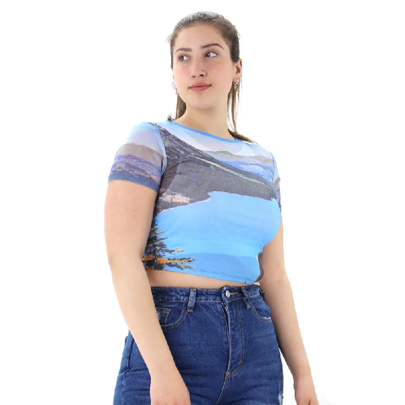Women's Printed Mesh Crop Top,Blue Anti-Shrink Durable Soft