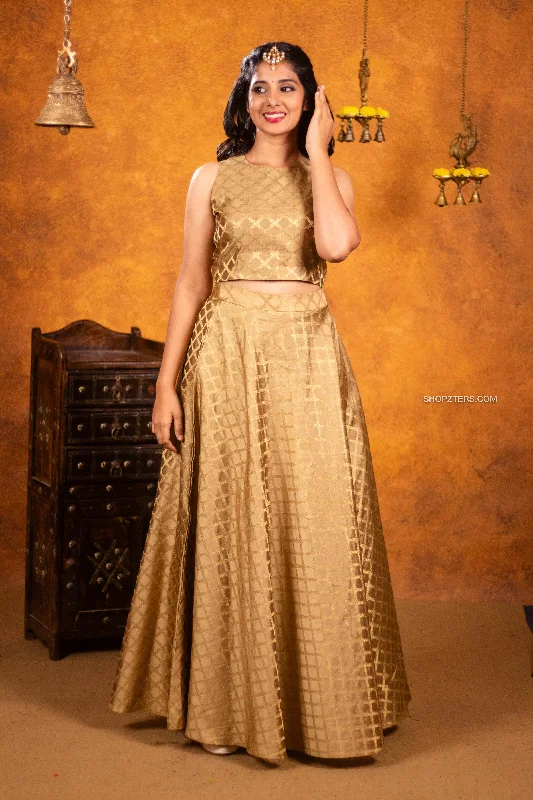 Gold Brocade Crop Top & Skirt Ribbed Striped Patterned