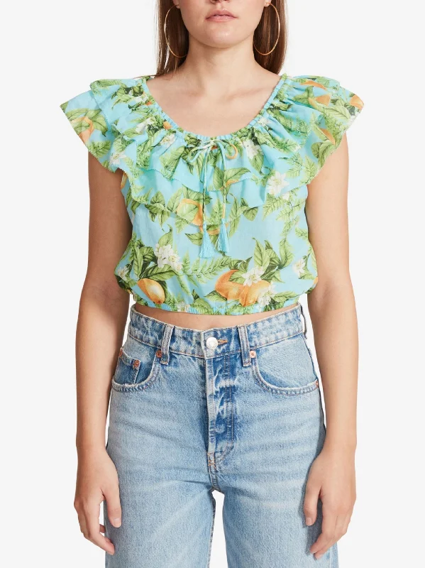 Women's Graphic Print Off Shoulder Crop Top,Blue Welt Pockets Slit Pockets Flap Pockets