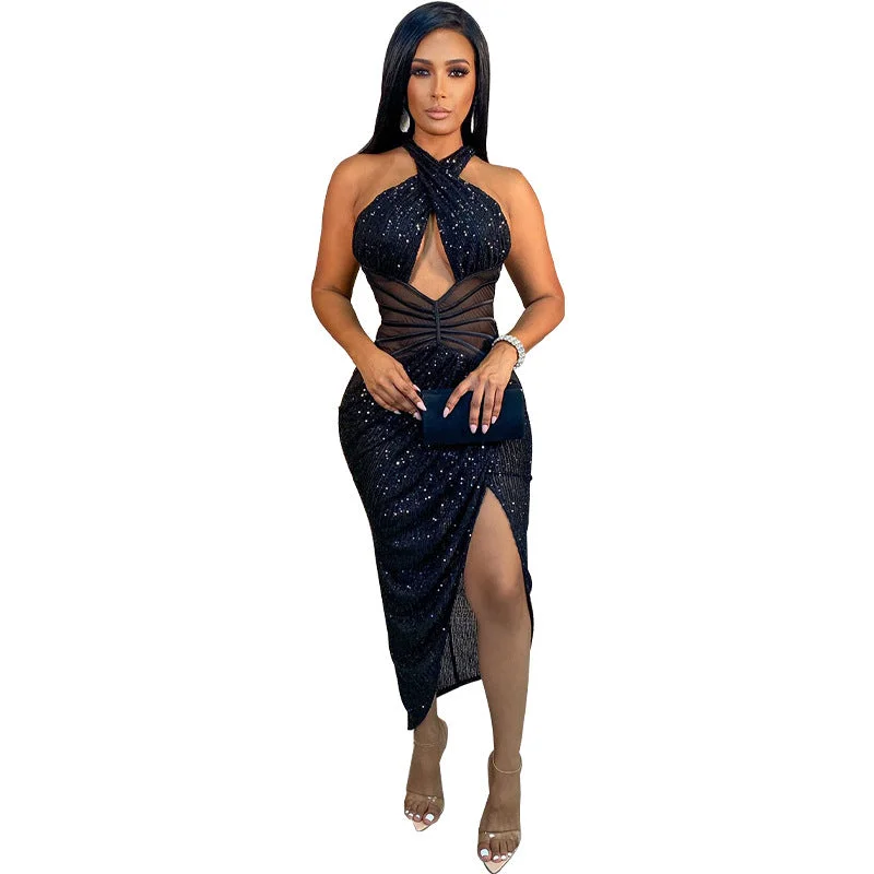 Sexy Sequined Halter Split Front Women Party Dresses Tunics Stylish elegant