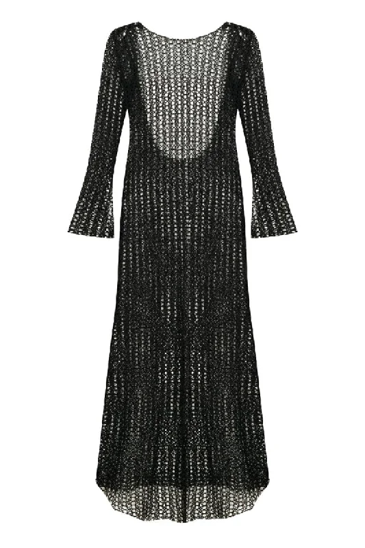 RIONA BLACK OPEN-BACK CROCHET LONG DRESS Halter Neckline Beach