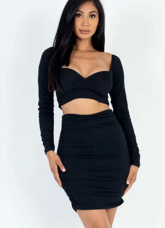 Sweetheart Crop Top & Skirt Set Capella 3382 Notch Collar Peter Pan Collar Cowl Neck