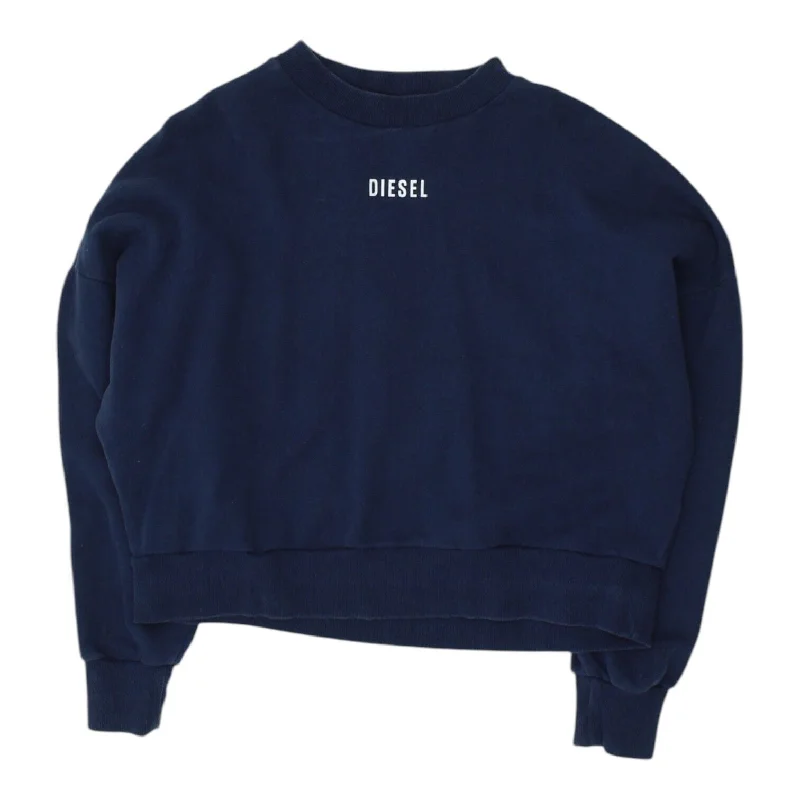 Diesel Womens Navy Cropped Oversized Sweatshirt | Casual Designer Jumper VTG. Hoodie with Turtle Neck Cozy Winter Diesel Womens Navy Cropped Oversized Sweatshirt | Casual Designer Jumper VTG. Hoodie with Turtle Neck Cozy Winter
