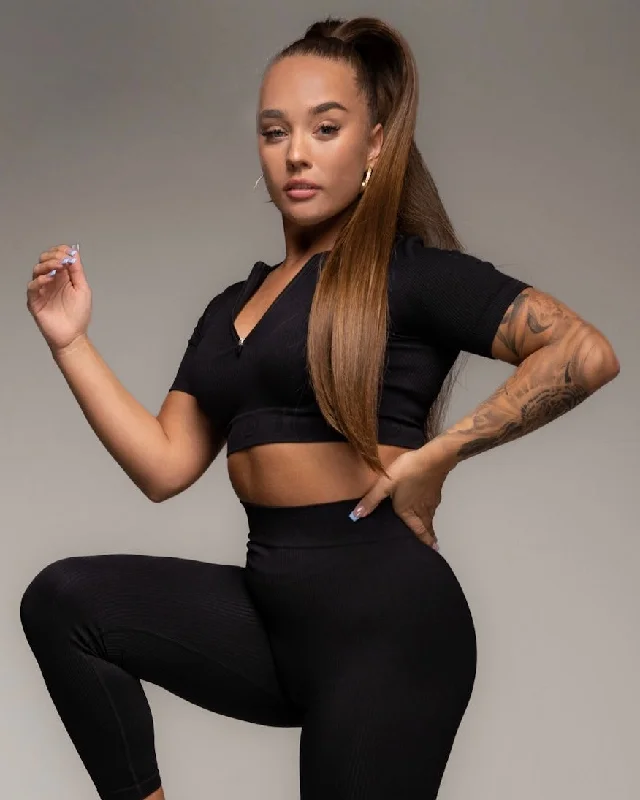 TCML Ribbed Quarter-Sleeve Crop Top Mesh Blend Leather Blend Suede Blend
