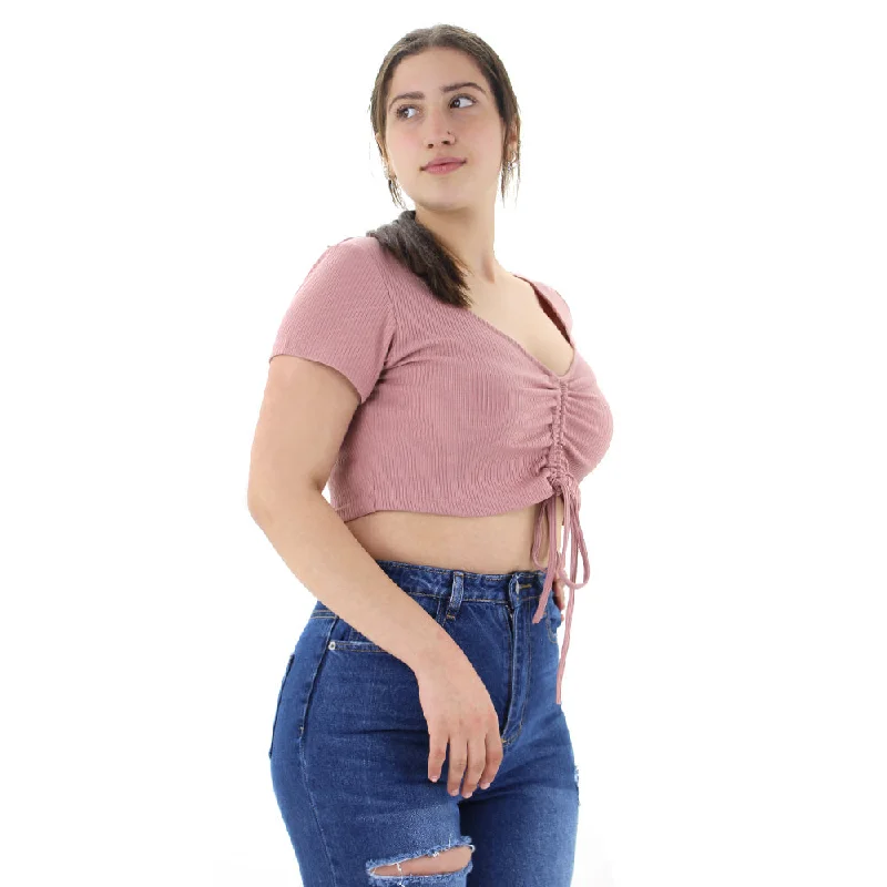 Women's Ribbed Ruched Crop Top,Pink Hooded Caped Shawl Collar
