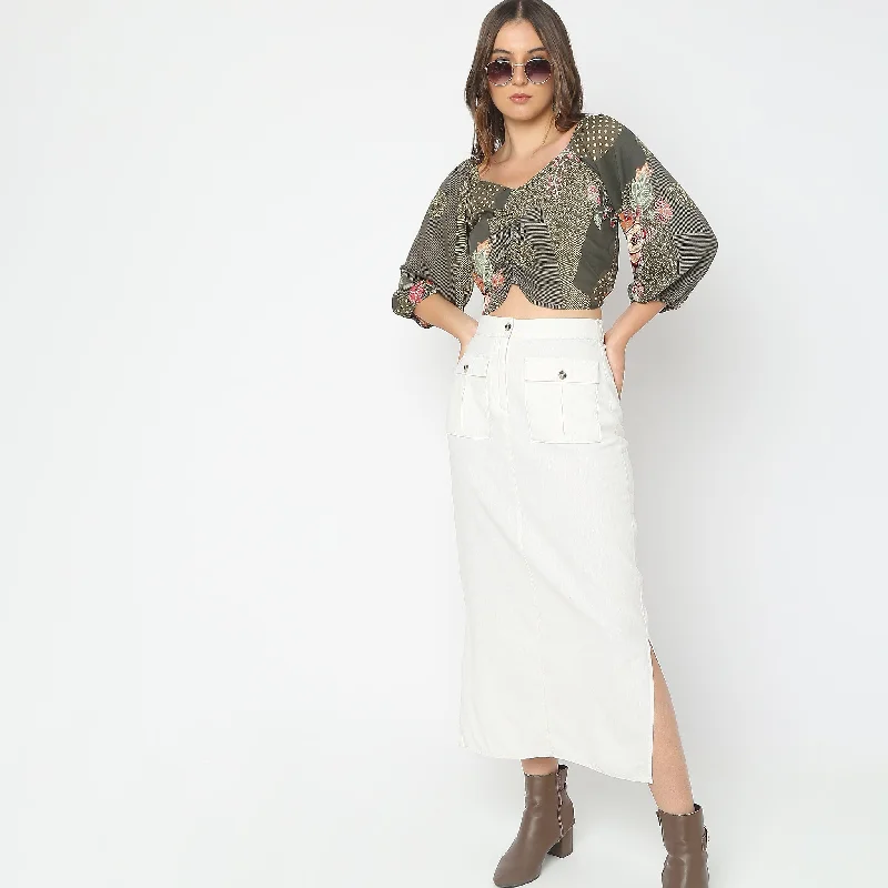 Regular Fit Printed Crop Top Spandex Blend Rayon Blend Denim Blend