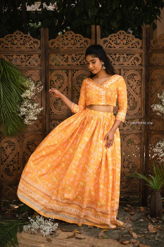 Mango Yellow Semi Linen Floral Crop Top Skirt Set Sequined Glittery Shiny