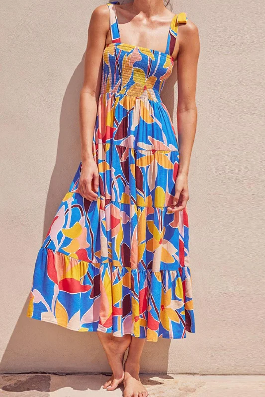 Floral Tie Shoulder Smocked Tiered Dress Tunics Sophisticated sleek