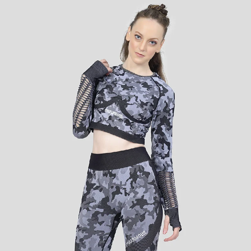 Combat Crop Top (Black Shade) Solid Print Embellished