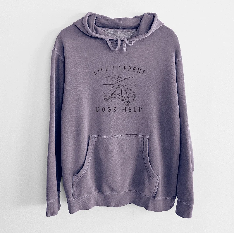 Life Happens Dogs Help - Unisex Pigment Dyed Hoodie. Hoodie with Elastic Waist Stretchable Comfortable Life Happens Dogs Help - Unisex Pigment Dyed Hoodie. Hoodie with Elastic Waist Stretchable Comfortable