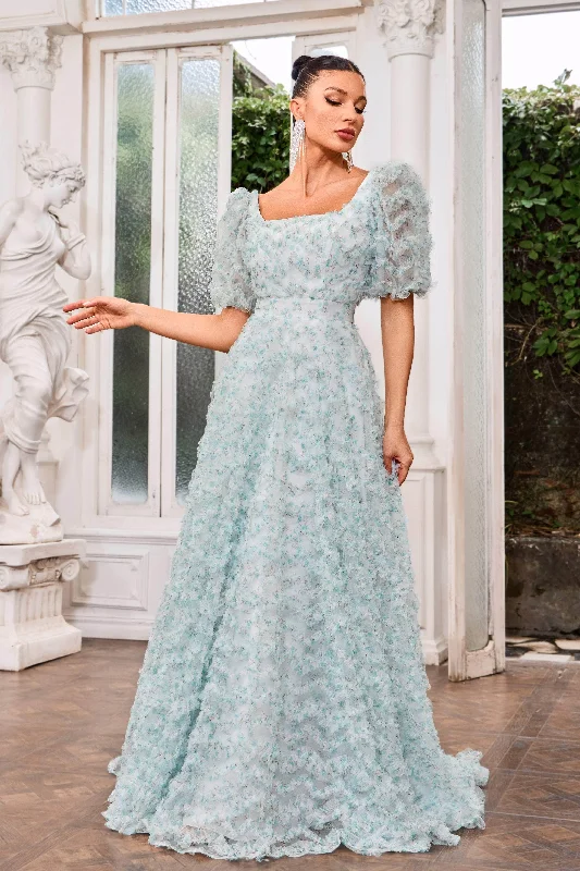 J'Adore Dresses J24050 - Puff Sleeve Floral Evening Gown Tunics Lace romantic