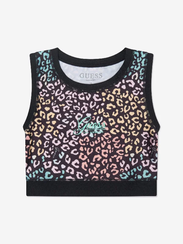 Guess Girls Leopard Print Crop Top Ribbed Striped Patterned