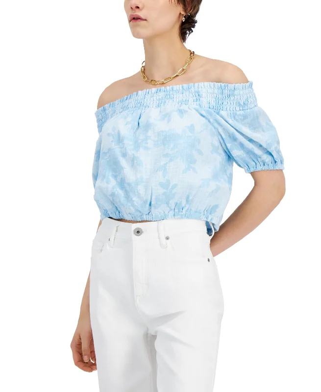 INC International Concepts Womens Smocked Off The Shoulder Crop Top Sequined Glittery Shiny