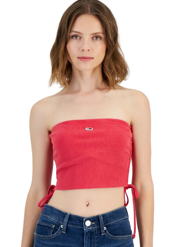 Women's Brand Logo Embroidered Side-Ruched Crop Top,Red Chenille Brocade Lace