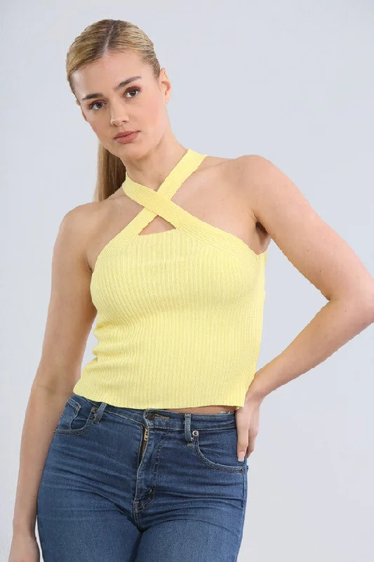 Yellow Halterneck Ribbed Crop Top Spandex Blend Rayon Blend Denim Blend