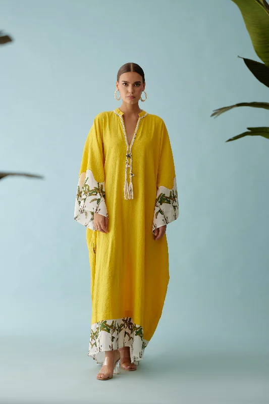 Yellow Hand-Braided Tassels Kaftan Dress Tunics Long Elegant