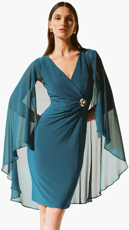 Silky Knit Sheath Dress with Chiffon Cape. Style JR243701 sweetheart Neckline Romantic