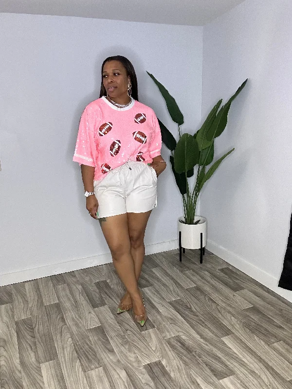Sequin Football Print Pink Game day Crop Top Notch Collar Peter Pan Collar Cowl Neck Sequin Football Print Pink Game day Crop Top Notch Collar Peter Pan Collar Cowl Neck