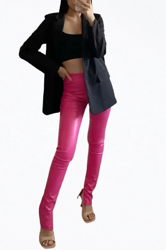 High-Rise Vegan Leather Side Split-Hem Pants In Hot Pink Formal Linen Trousers
