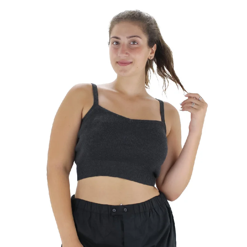 Women's Knitted Crop Top,Dark Grey Houndstooth Herringbone Solid