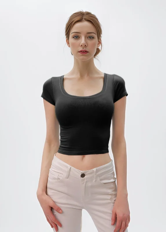 Scoop Neck Crop Top H&H 49614 Mesh Fabric Canvas Fabric Denim Fabric