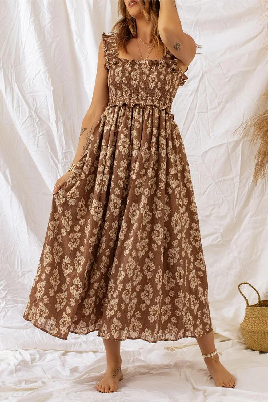 Blue Zone Planet |  Floral Smocked Square Neck Dress Tunics Fashionable chic