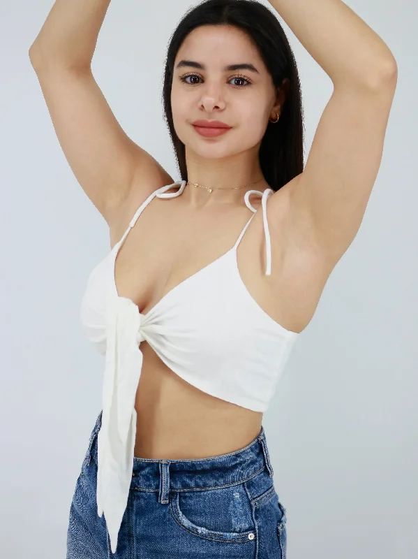Women's Tie Front Crop Top,White Graphic Embroidered Appliqued
