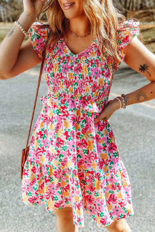 Floral Ruffle Trim Smocked Dress Tunics Short Trendy