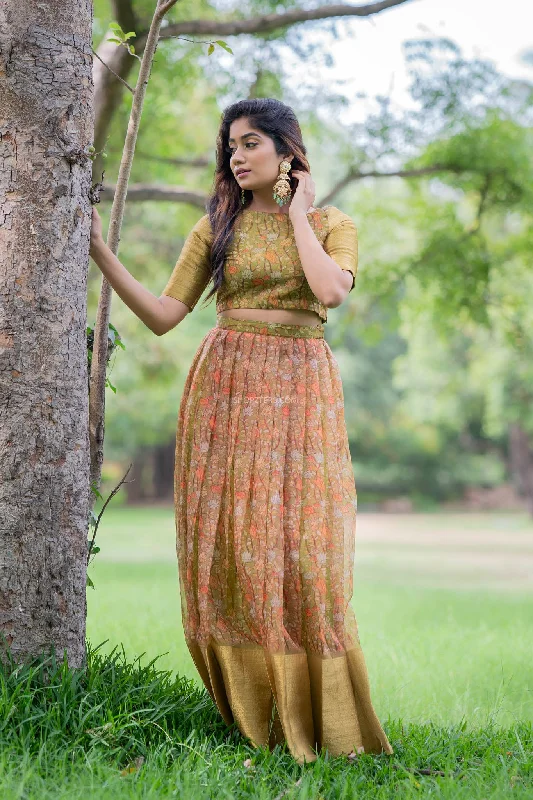 Antique Green Kalamkari Organza Crop Top & Skirt Houndstooth Herringbone Solid