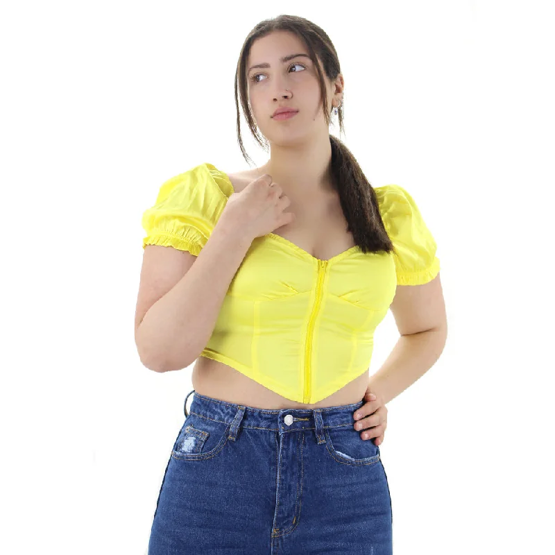 Women's Zip Front Satin Crop Top,Yellow Solid Color Striped Floral