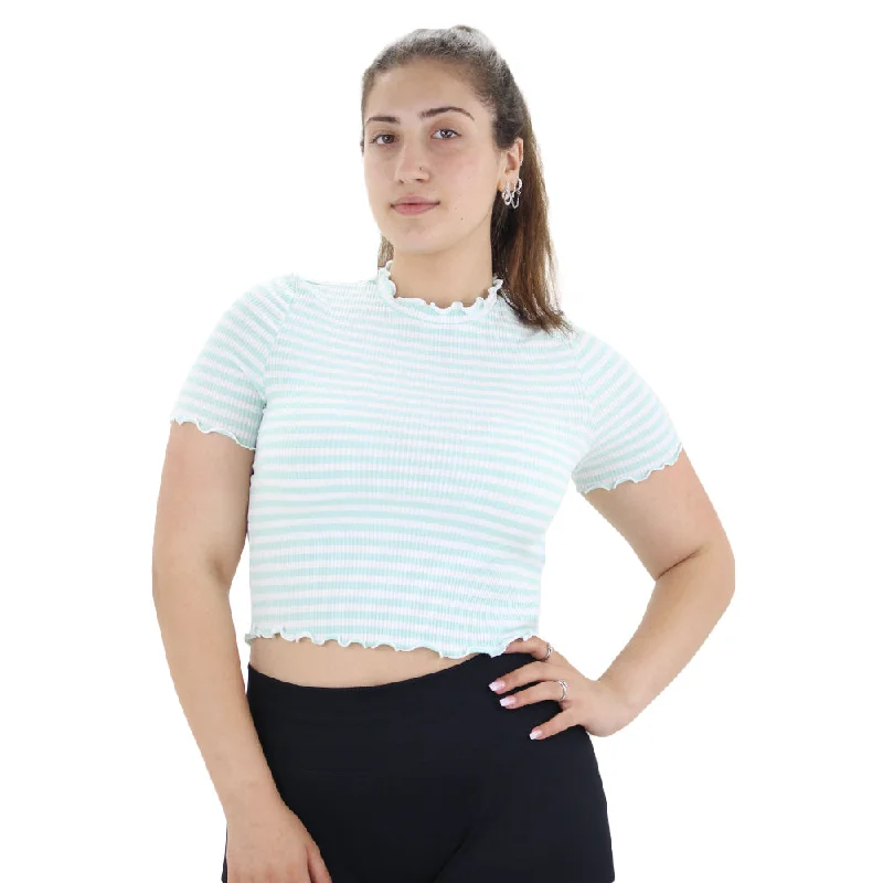 Women's Striped Casual Crop Top,Green/White Thin Crop Top Open Front Quick Dry