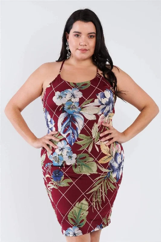 Plus Size Criss-cross Open Back Mini Floral Print Dress Boatneck Modish Everyday