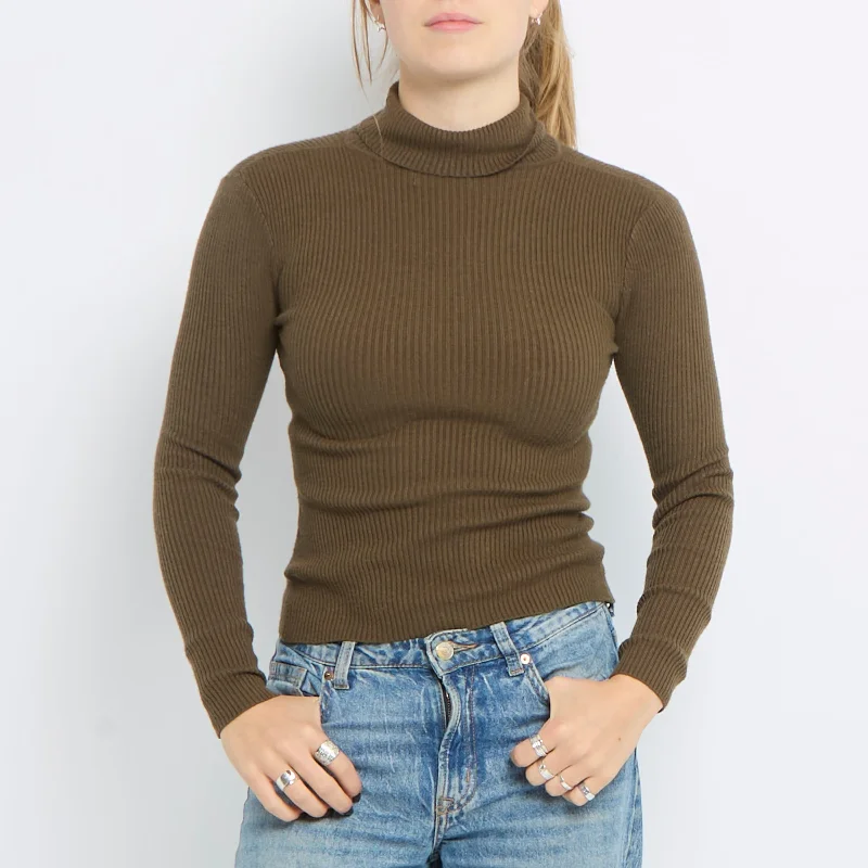 Ribbed Turtle Neck Long Sleeve Knitted Crop Top - UK 6 Chenille Blend Fleece Blend Nylon Blend