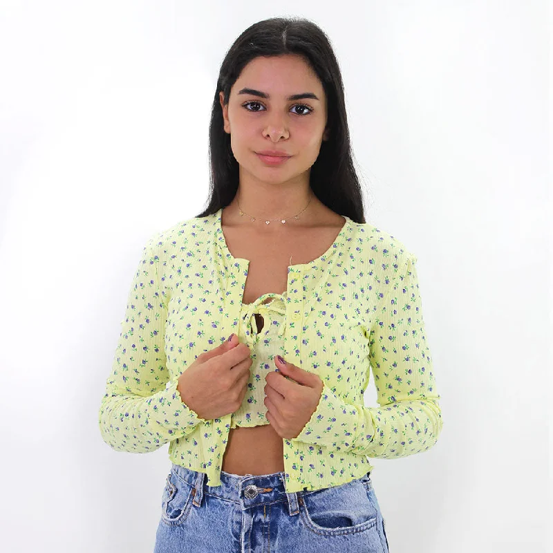 Women's Floral 2 Pcs Crop Top,Yellow Solid Print Embellished