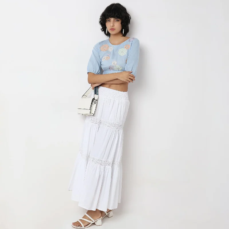 Flare Fit Embroidered Crop Top Terry Blend Velvet Blend Canvas Blend