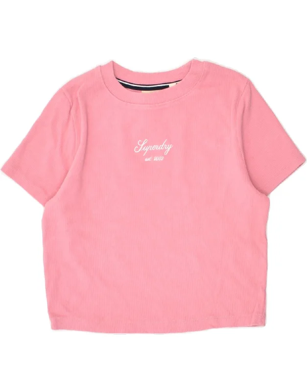 SUPERDRY Womens Graphic Crop Top UK 12 Medium Pink Cotton Anti-Pilling Machine Wash Handmade